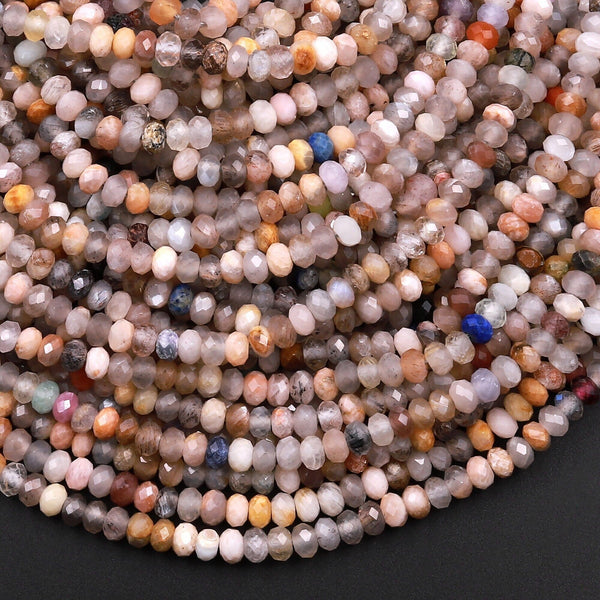 Faceted Multicolor Peach Moonstone 4mm Rondelle Beads 15.5" Strand