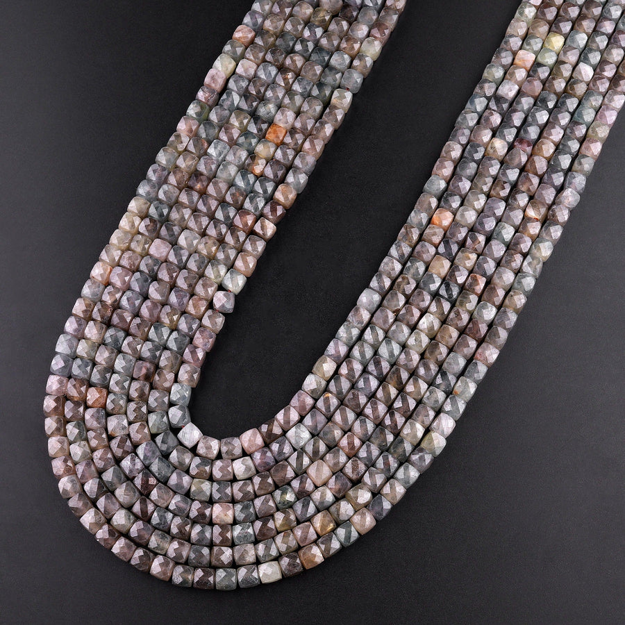 Genuine Natural Smoky Grey Blue Sapphire 4mm Faceted Cube Square Dice Beads 15.5" Strand