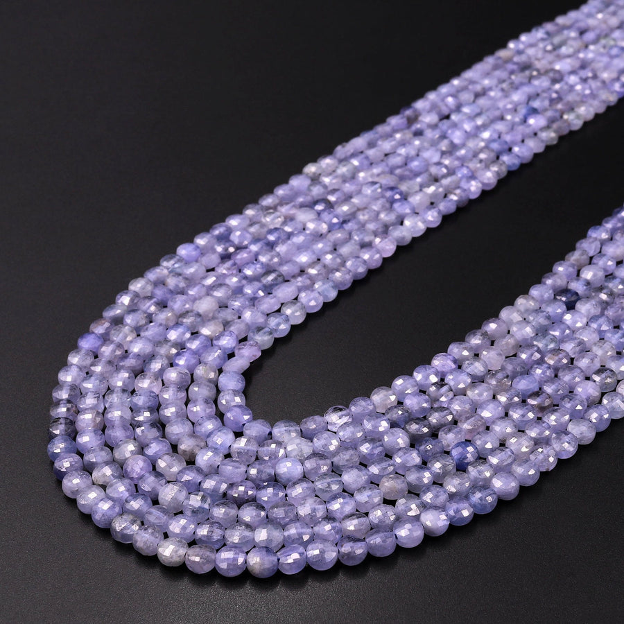Faceted Natural Tanzanite Coin Beads 3mm 4mm Flat Disc Dazzling Micro Diamond Cut 15.5" Strand