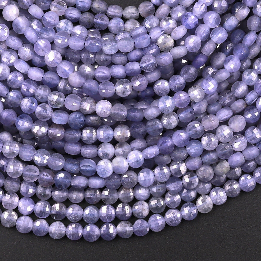 Faceted Natural Tanzanite Coin Beads 3mm 4mm Flat Disc Dazzling Micro Diamond Cut 15.5" Strand