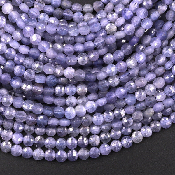 Faceted Natural Tanzanite Coin Beads 3mm 4mm Flat Disc Dazzling Micro Diamond Cut 15.5" Strand
