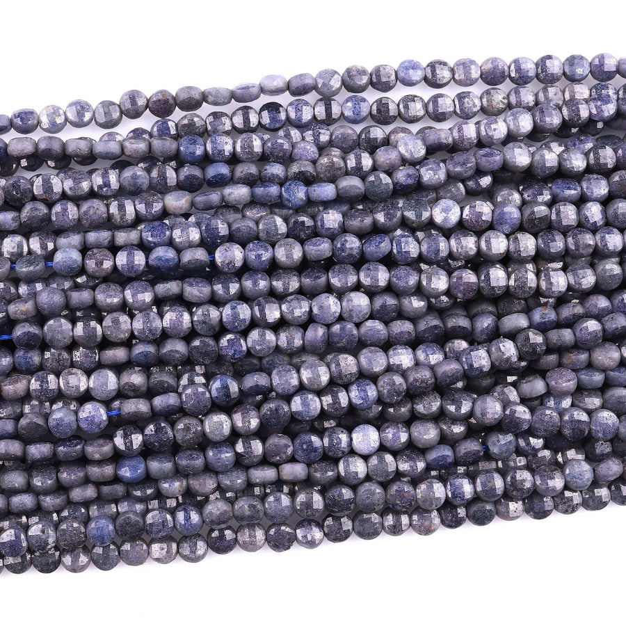 Faceted Natural Blue Sapphire Coin Beads 3mm 4mm Flat Disc Dazzling Micro Diamond Cut 15.5" Strand