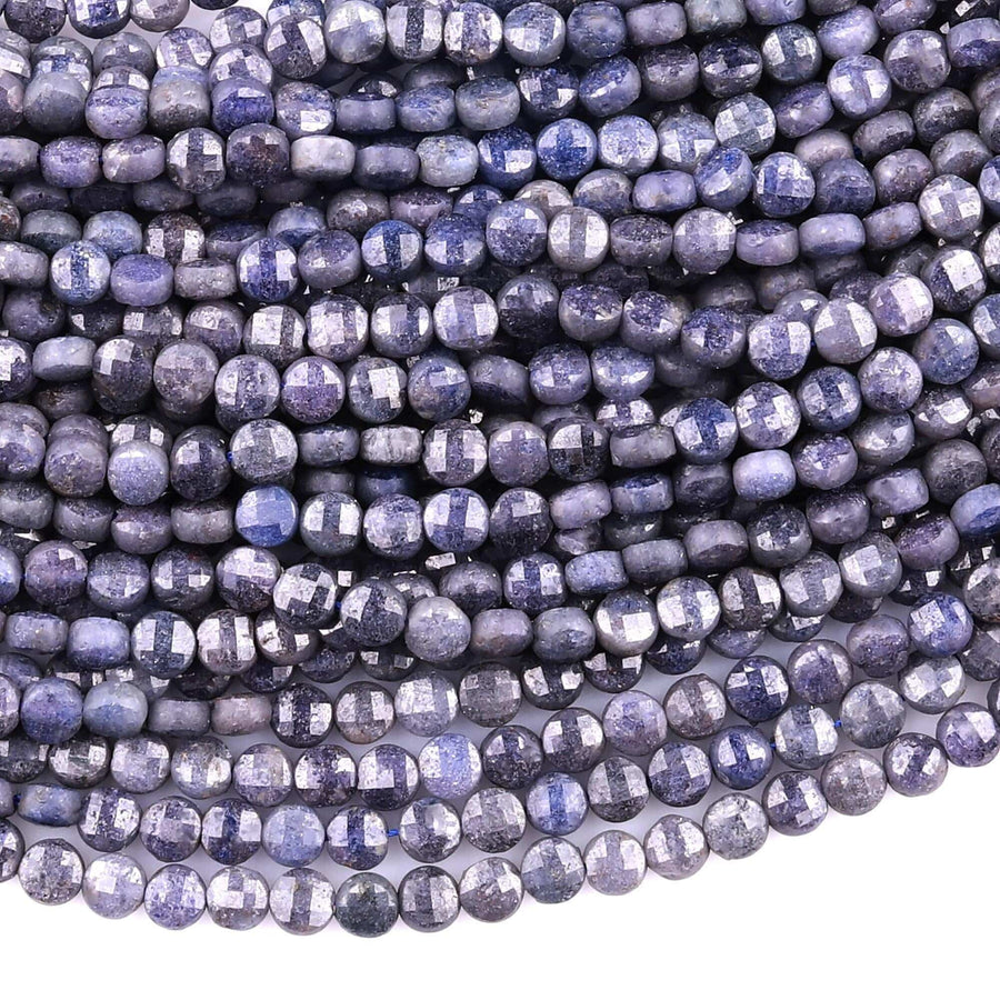 Faceted Natural Blue Sapphire Coin Beads 3mm 4mm Flat Disc Dazzling Micro Diamond Cut 15.5" Strand
