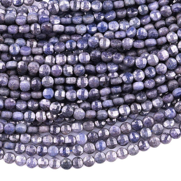 Faceted Natural Blue Sapphire Coin Beads 3mm 4mm Flat Disc Dazzling Micro Diamond Cut 15.5" Strand