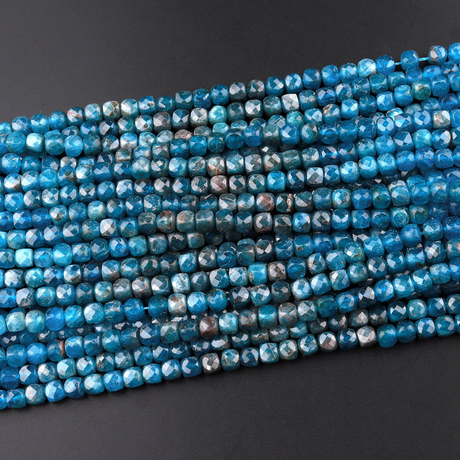 Natural Blue Apatite Faceted 4mm Cube Beads Gemstone Dice 15.5" Strand