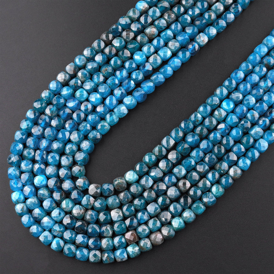 Natural Blue Apatite Faceted 4mm Cube Beads Gemstone Dice 15.5" Strand