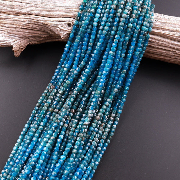 Natural Blue Apatite Faceted 4mm Cube Beads Gemstone Dice 15.5" Strand