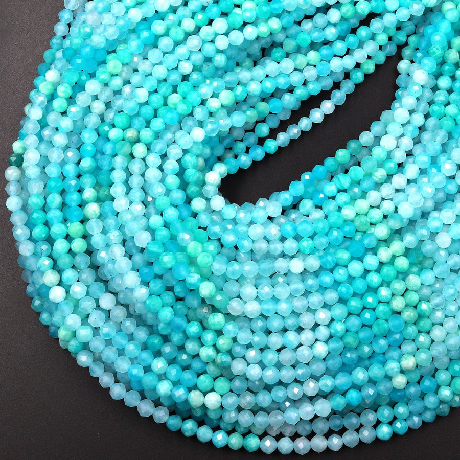 AAA Peruvian Amazonite 4mm Faceted Round Beads Multi Shaded Natural Sea Blue Gemstone Micro Laser Diamond Cut 15.5" Strand