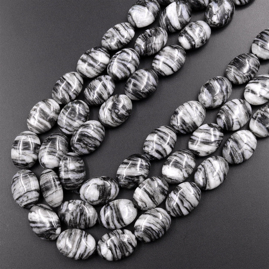 AAA Natural Black Web Jasper Oval Beads 10x14mm 15.5" Strand