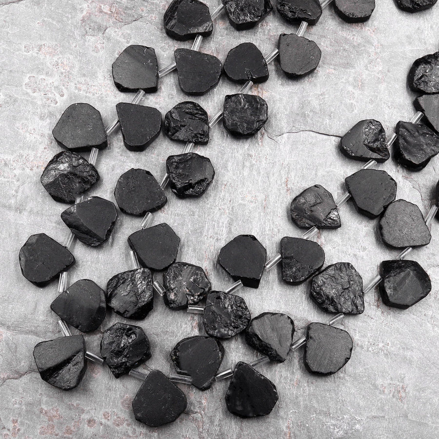 Raw Natural Black Tourmaline Beads Teardrop Shape Real Genuine Black Tourmaline Crystal Gemstones 15.5" Strand