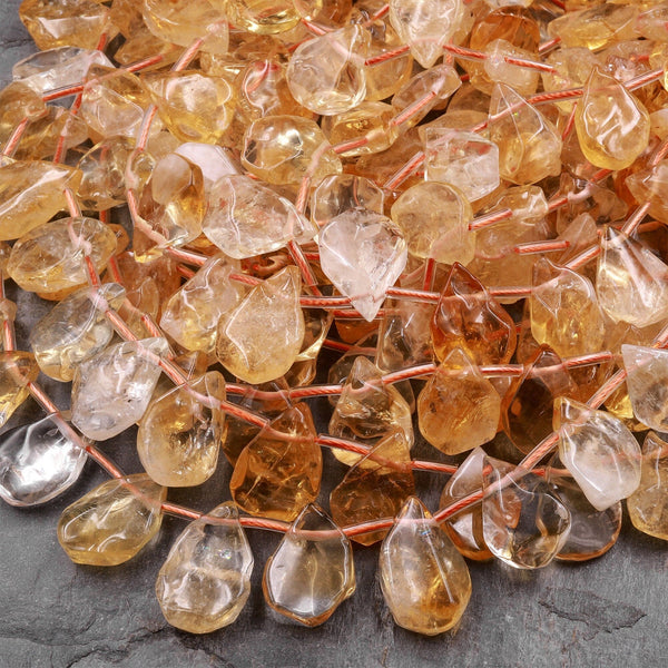 Natural Raw Yellow Citrine Beads Freeform Teardrop Shape Hand Cut Gemstone 15.5" Strand