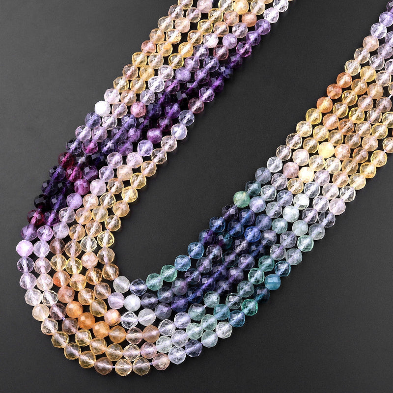 AAA Natural Multicolor Rainbow Fluorite Faceted 6mm Round Beads Golden Yellow Purple Green Shaded 15.5" Strand