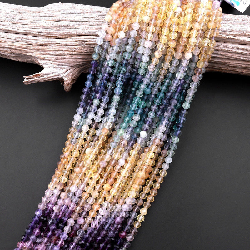 AAA Natural Multicolor Rainbow Fluorite Faceted 6mm Round Beads Golden Yellow Purple Green Shaded 15.5" Strand