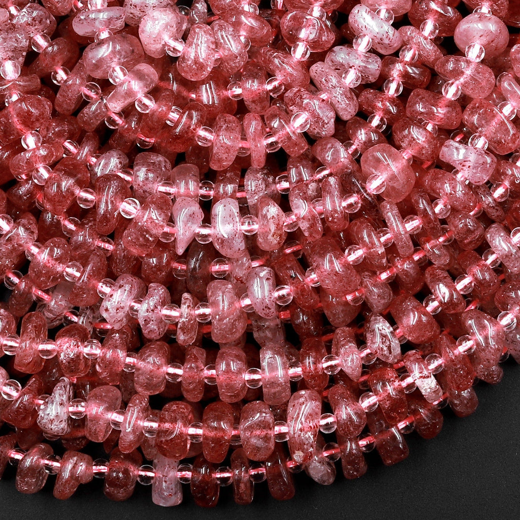 Natural Strawberry Quartz Freeform Center Drilled 8mm Rondelle Disc Beads 15.5" Strand