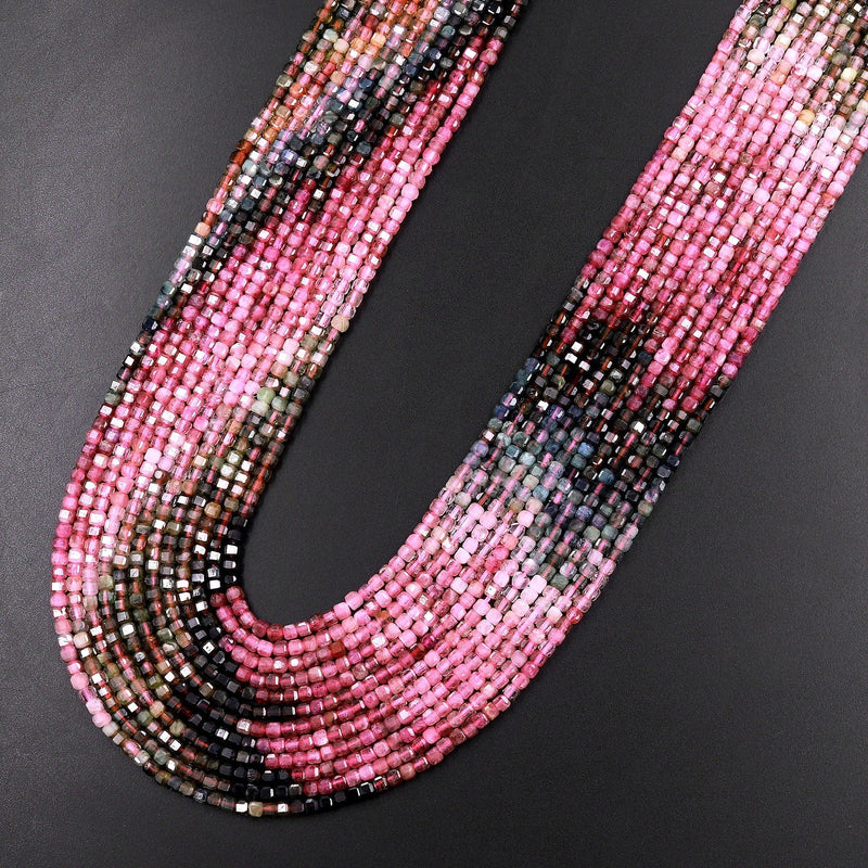 AAA Natural Multicolor Tourmaline Faceted 2mm 3mm Cube Square Dice Beads Gemstone 15.5" Strand
