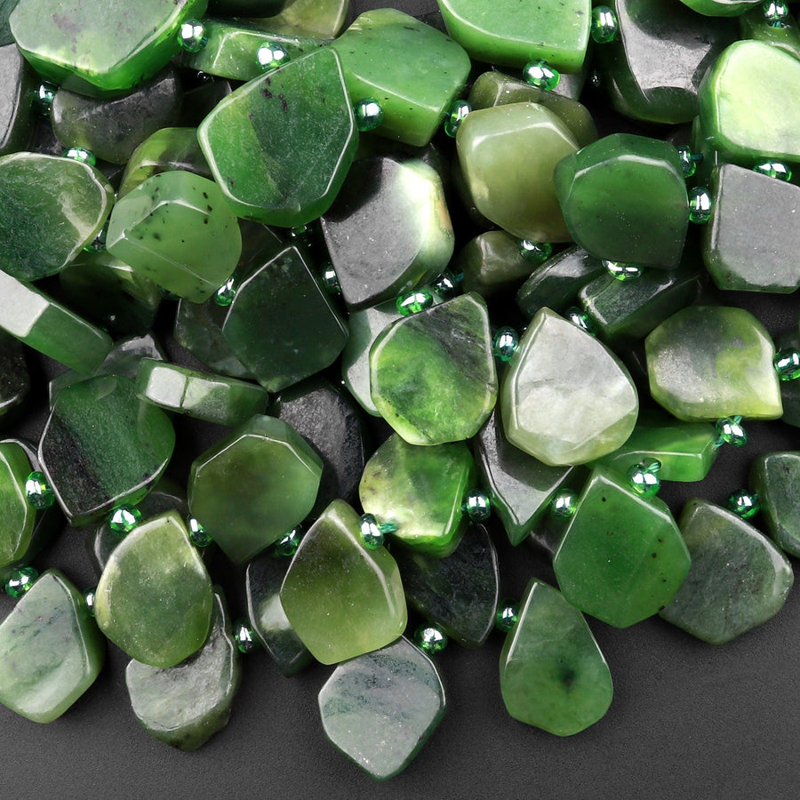 Natural Canadian Green Jade Beads Flat Freeform Teardrop Gemstone 15.5" Strand