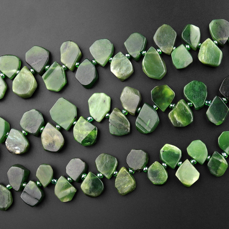 Natural Canadian Green Jade Beads Flat Freeform Teardrop Gemstone 15.5" Strand