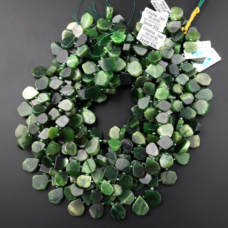 Natural Canadian Green Jade Beads Flat Freeform Teardrop Gemstone 15.5" Strand
