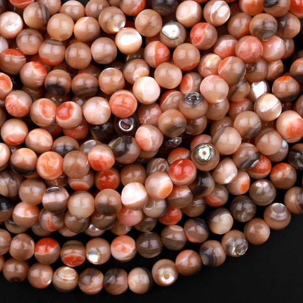 Natural Orange Abalone 5mm 6mm Round Beads Iridescent Rainbow Glow 15.5" Strand
