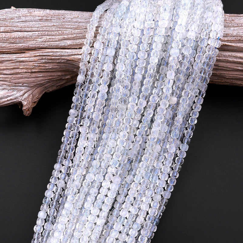 Natural White Topaz Faceted 4mm Cube Square Dice Beads Gemstone 15.5" Strand