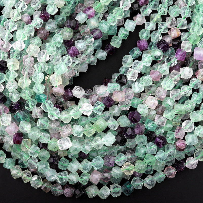 Natural Fluorite Faceted 6mm Cube Square Dice Beads Diagonally Drilled 15.5" Strand