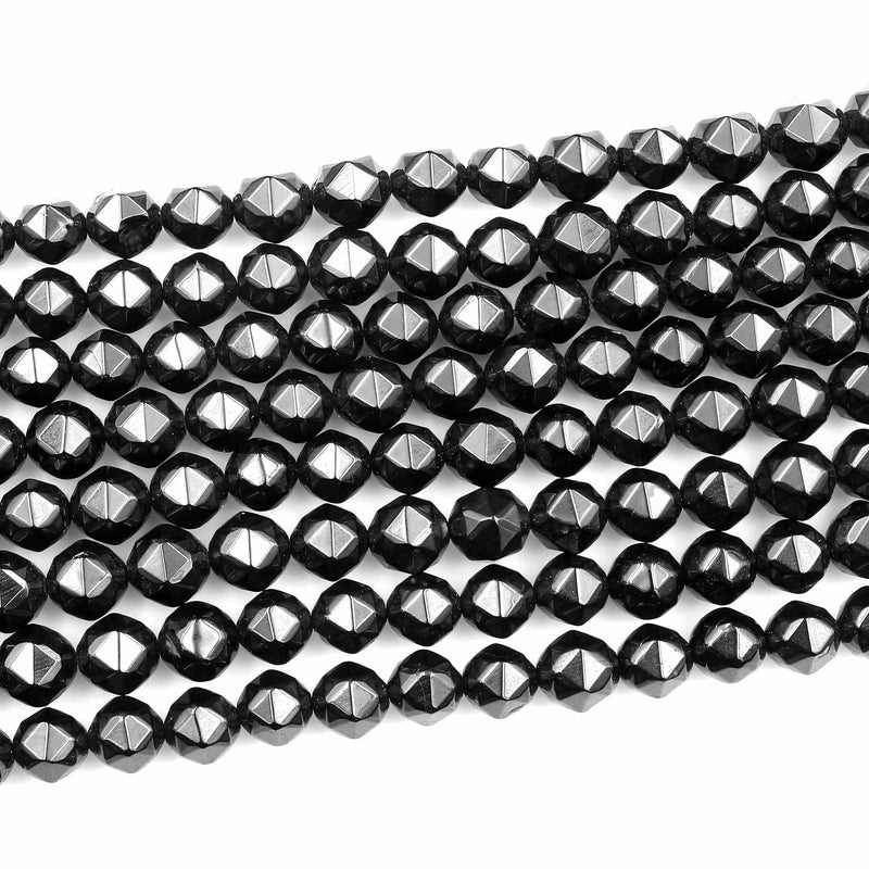 Natural Black Spinel Faceted 7mm 8mm Round Beads New Double Hearted Star Cut Gemstone 15.5" Strand