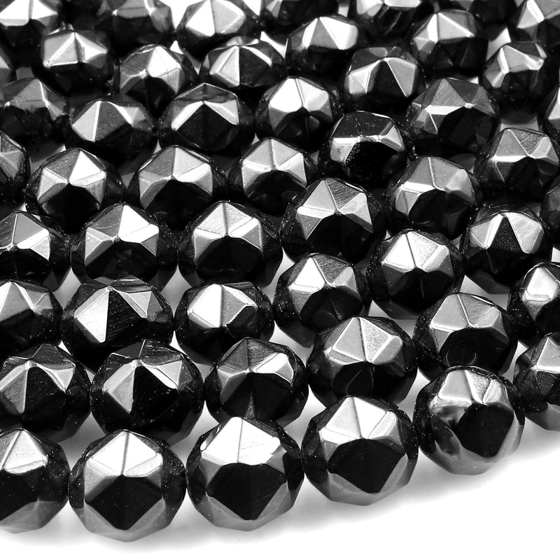 Natural Black Spinel Faceted 7mm 8mm Round Beads New Double Hearted Star Cut Gemstone 15.5" Strand