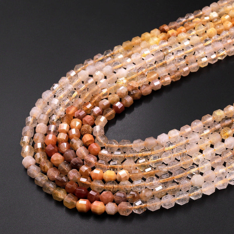 Natural Yellow Hematoid Rutile Quartz 4mm Rounded Prism Beads Multicolor Golden Yellow Shaded Gemstone 15.5" Strand
