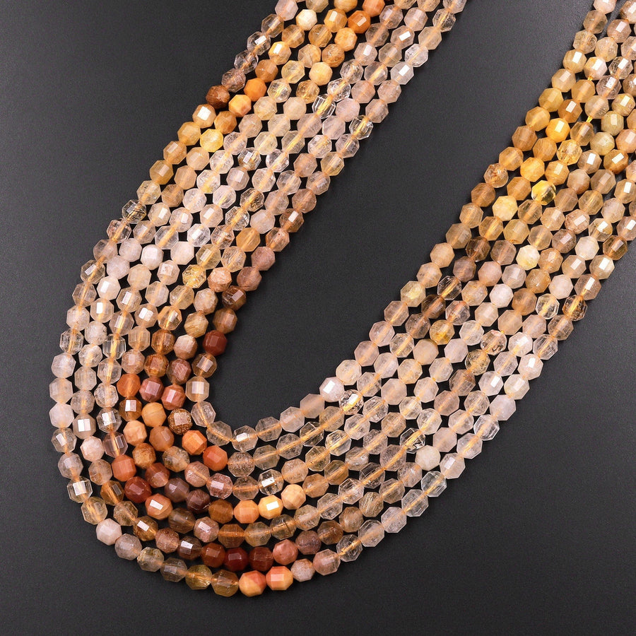 Natural Yellow Hematoid Rutile Quartz 4mm Rounded Prism Beads Multicolor Golden Yellow Shaded Gemstone 15.5" Strand