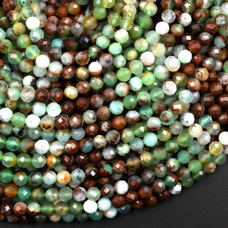 Micro Faceted Natural Brown Green Chrysoprase Faceted Round 4mm Beads Diamond Cut Gemstone Beads 15.5" Strand