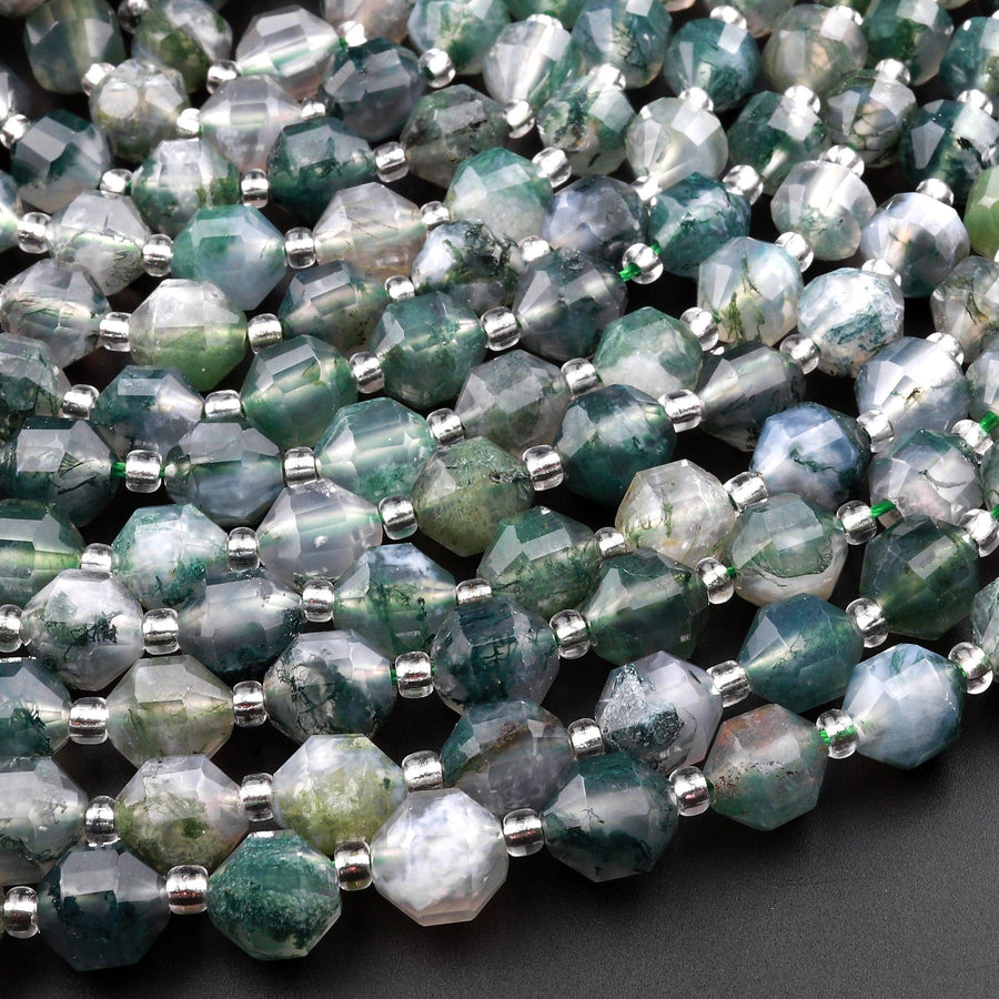 Natural Green Moss Agate 8mm Beads Rounded Faceted Energy Prism Double Terminated Points 15.5" Strand