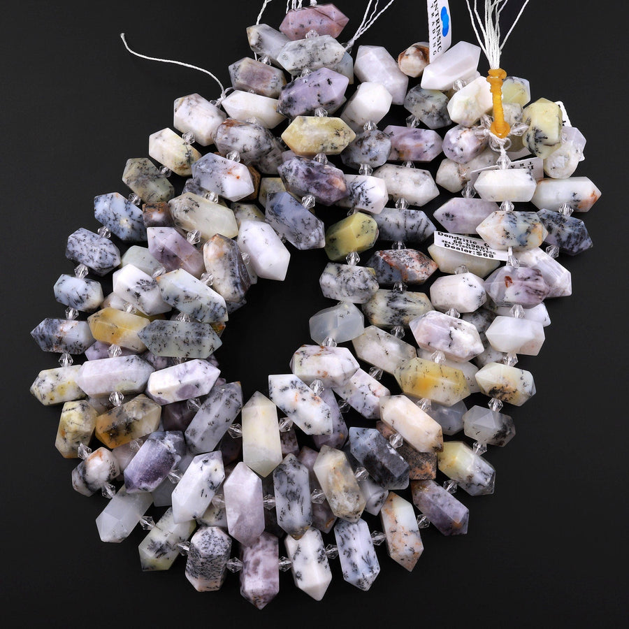 Natural Dendritic Moss Opal Beads Double Terminated Points Gemstone Focal Pendant Bullet 15.5" Strand