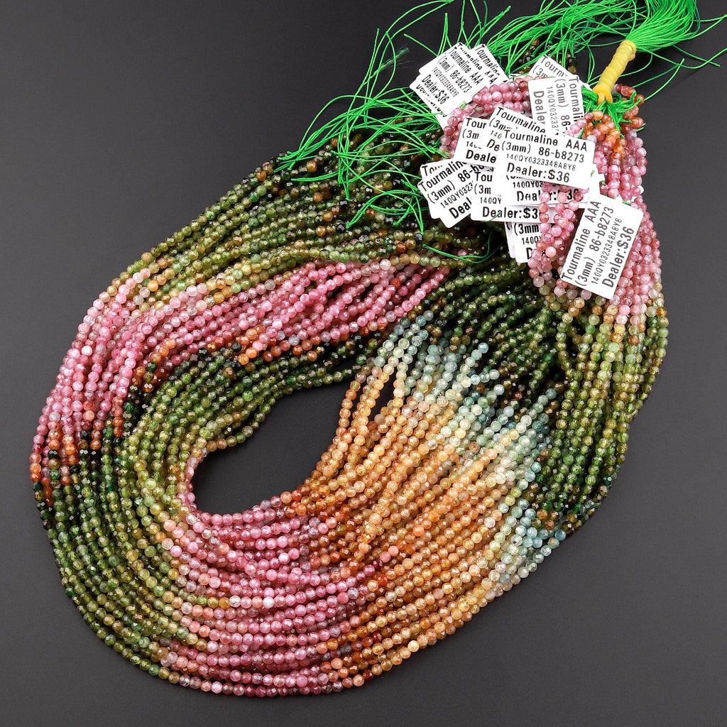 Natural Multicolor Tourmaline & White Pearl Bead Necklace - 3mm Faceted AAA Grade