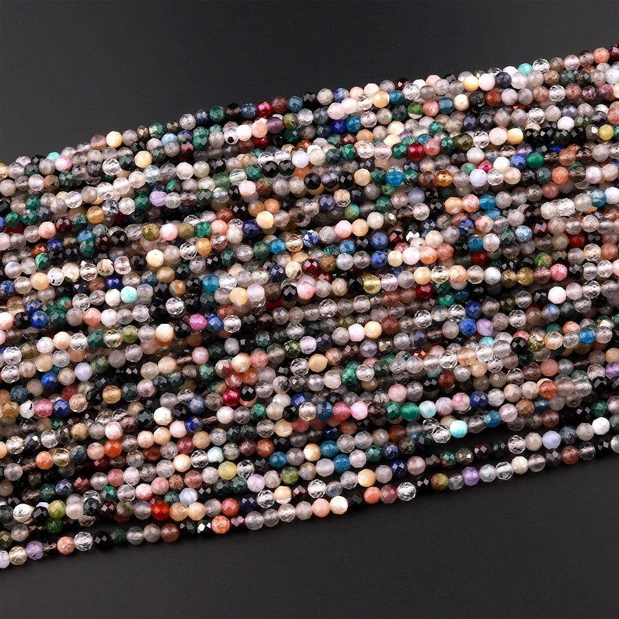 Micro Faceted Multicolor Mixed Gemstone Round Beads 3mm 4mm Garnet Amazonite Lapis Black Spinel Apatite Labradorite Topaz 15.5" Strand