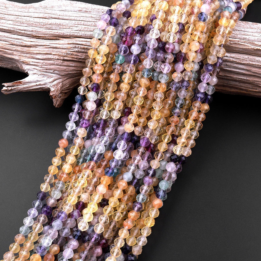 AAA Natural Multicolor Rainbow Fluorite Faceted 4mm 6mm Round Beads Golden Yellow Purple Green Shaded 15.5" Strand