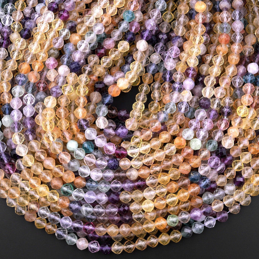 AAA Natural Multicolor Rainbow Fluorite Faceted 4mm 6mm Round Beads Golden Yellow Purple Green Shaded 15.5" Strand