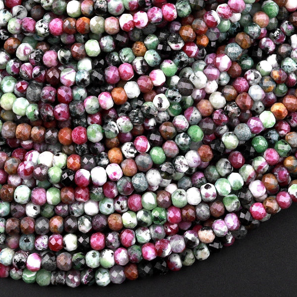 Ruby Zoisite Faceted Rondelle Beads, Green Pink Gemstone 75Pcs/Strand