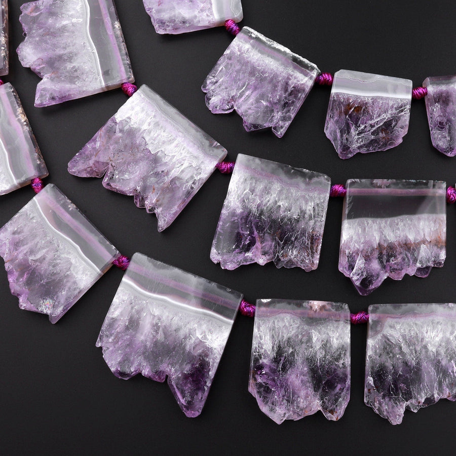 Large Drilled Amethyst Slice Pendants Focal Beads Raw Natural Purple Amethyst Stalactite Slab Top Side Drilled Gemstone 15.5" Strand