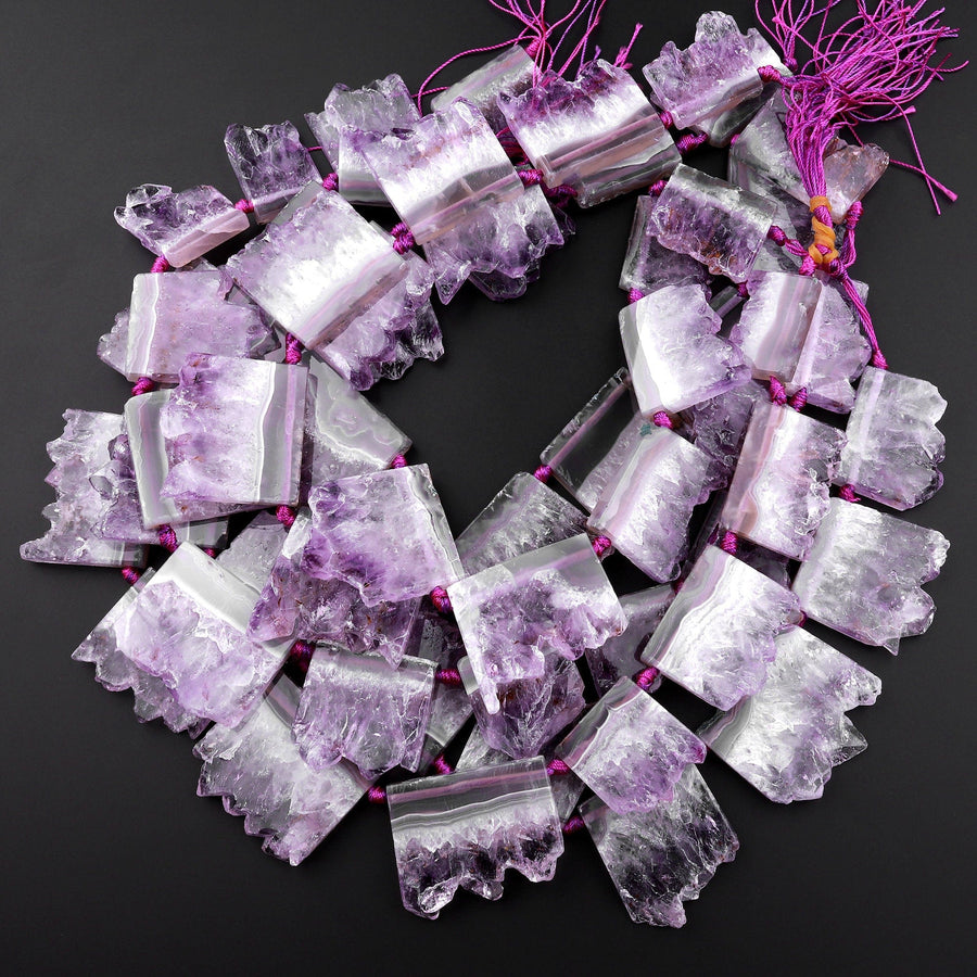 Large Drilled Amethyst Slice Pendants Focal Beads Raw Natural Purple Amethyst Stalactite Slab Top Side Drilled Gemstone 15.5" Strand