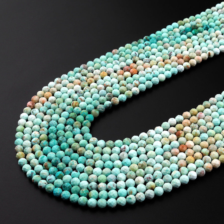 Faceted Genuine Natural Peruvian Turquoise 3mm 4mm Round Beads 15.5" Strand