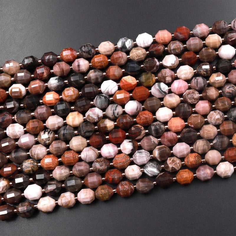 Natural Petrified Wood 8mm Beads Faceted Rounded Gemstone Prism