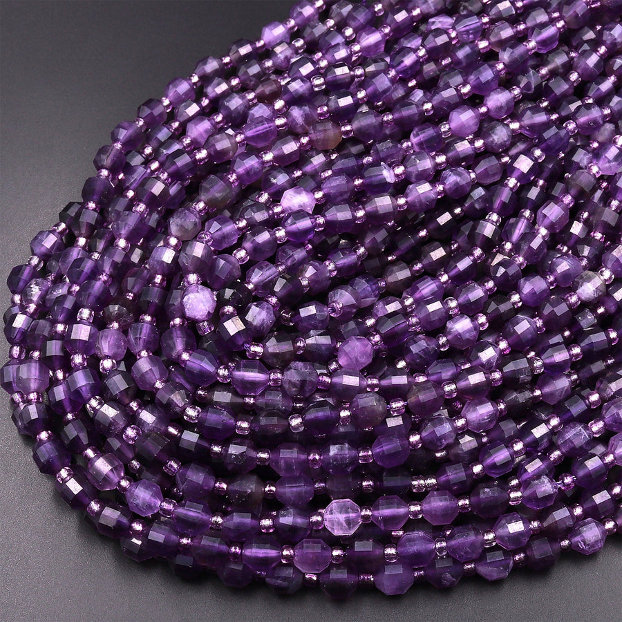 AAA Natural Purple Amethyst 6mm Beads Faceted Energy Prism Double Point Cut 15.5" Strand