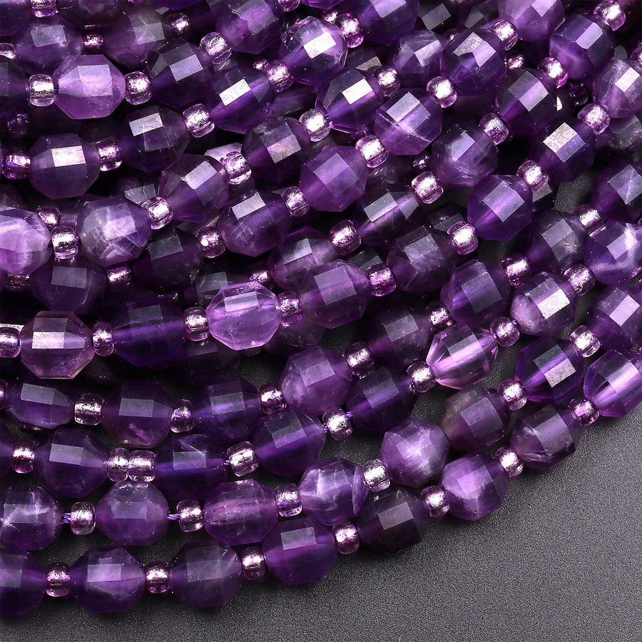 AAA Natural Purple Amethyst 6mm Beads Faceted Energy Prism Double Point Cut 15.5" Strand