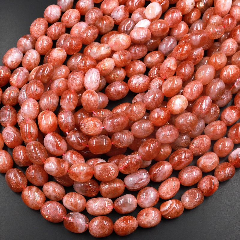 Fiery Natural Sunstone Nugget Beads Large Sparkling Golden Feldspar Orange Red Gemstone 15.5" Strand