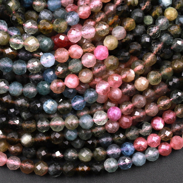 Natural Rainbow Tourmaline Micro Faceted 4mm Round Multicolor Pink Green Blue Gemstone Beads 15.5" Strand