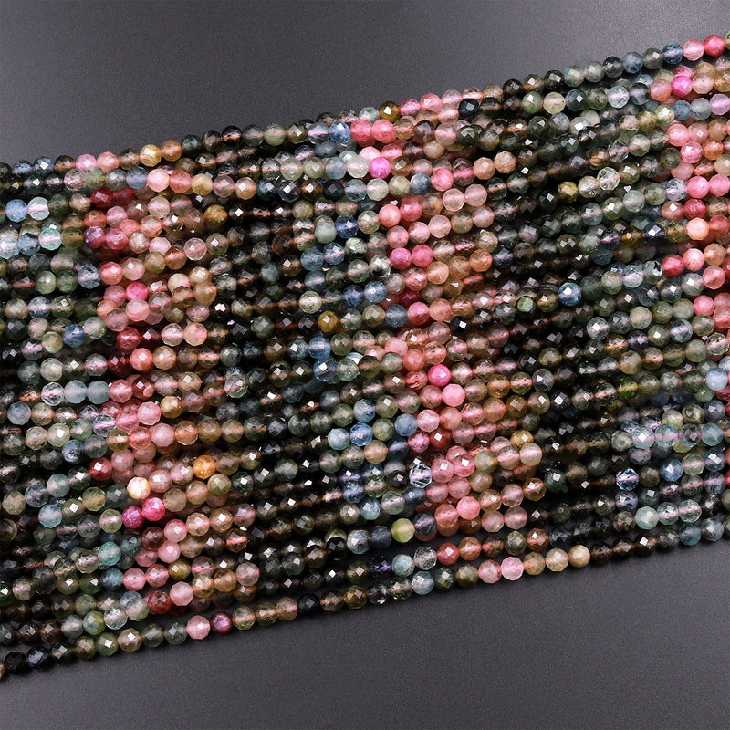 Natural Rainbow Tourmaline Micro Faceted 4mm Round Multicolor Pink Green Blue Gemstone Beads 15.5" Strand
