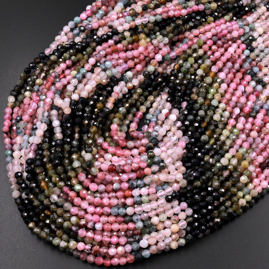 Natural Multicolor Pink Green Yellow Tourmaline Micro Faceted 3mm 4mm Round Gemstone Beads 15.5" Strand