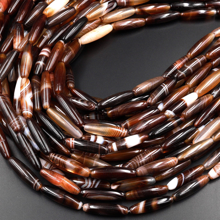 Natural Tibetan Agate Beads Long Slender Drum Barrel Tube Nuggets Amazing Veins Bands Stripes Brown Agate 15.5" Strand