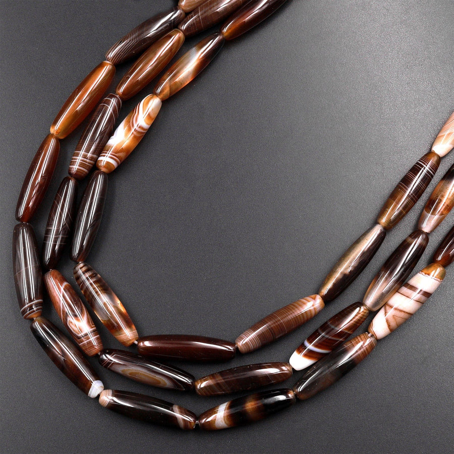 Natural Tibetan Agate Beads Long Slender Drum Barrel Tube Nuggets Amazing Veins Bands Stripes Brown Agate 15.5" Strand