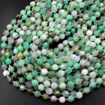 Natural Green Chrysoprase 6mm 8mm Beads Rounded Faceted Energy Prism Double Terminated Points 15.5" Strand